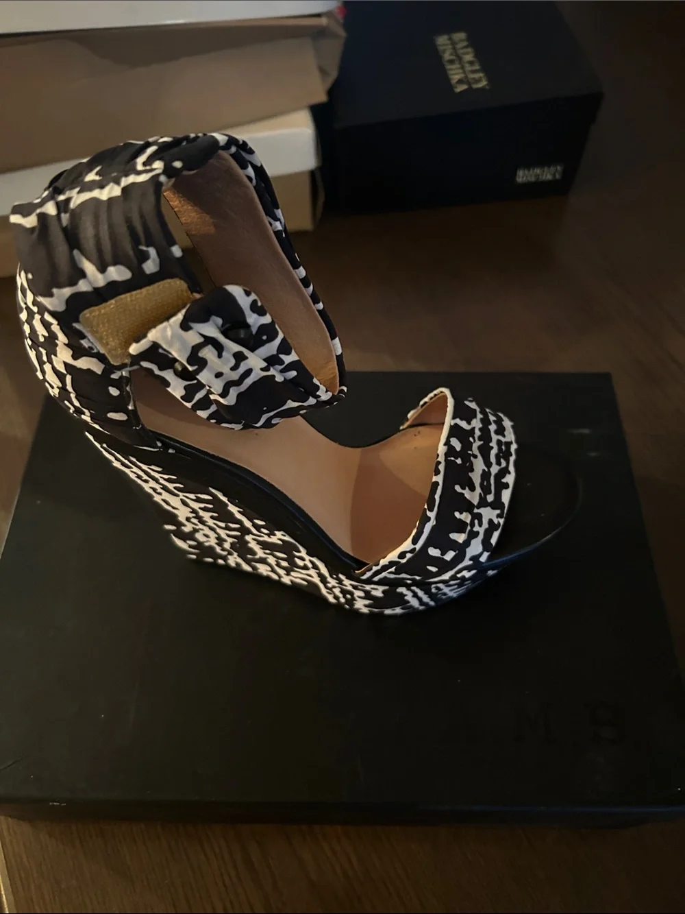 L.A.M.B. Black and White Pattern Print Wedge Sandals